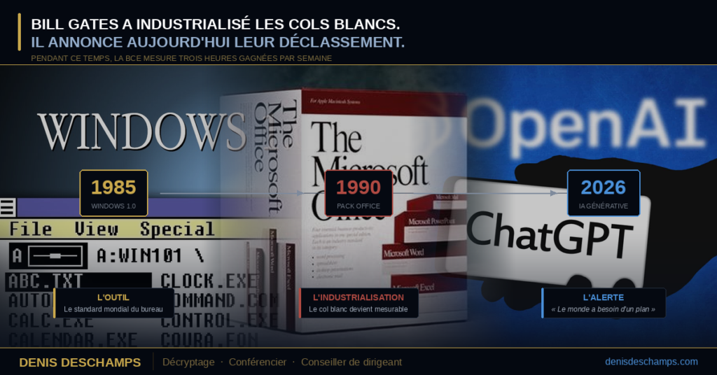 Il faut rappeler ce que cet homme a fait, car son autorité sur le sujet ne tient pas à sa fortune. Lorsque Microsoft lance Windows en novembre 1985, puis la version 3.0 qui en assure la diffusion de masse en 1990, et surtout lorsqu’il assemble la même année traitement de texte, tableur et présentation dans une suite unique, Gates ne crée pas un logiciel. Il crée un standard mondial du travail intellectuel.