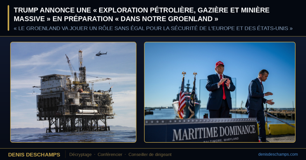 Un accord tripartite entre Washington, Copenhague et Nuuk a été signé le 22 septembre au siège des Nations unies. Il reconnaît expressément la souveraineté danoise. « Une exploration pétrolière, gazière et minière massive s'apprête à commencer dans notre nouveau et magnifique Groenland ! »