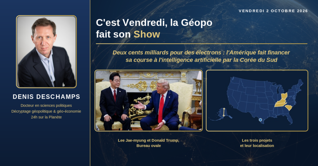 Première chose à établir, car elle commande toute la lecture : cette somme n'est pas nouvelle. Elle constitue la tranche en numéraire des 350 milliards de dollars que Séoul a concédés à l'été 2025 pour obtenir que ses droits de douane soient ramenés de 25 % à 15 %, les 150 milliards restants étant fléchés vers la construction navale. L'engagement datait donc de quinze mois. Ce qui a été annoncé mercredi, c'est son affectation, arrêtée lors d'une rencontre entre Donald Trump et le président sud-coréen Lee Jae-myung en marge de l'Assemblée générale des Nations unies, la semaine précédente.