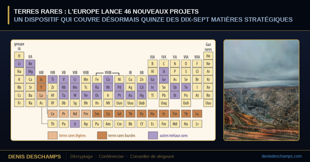 Les quarante-six projets se répartissent dans seize États membres, dont six en France. Huit portent sur l'extraction minière, onze sur le raffinage, dix-neuf sur le recyclage, et les huit derniers associent plusieurs de ces activités. L'ensemble du dispositif couvre désormais quinze des dix-sept matières premières jugées stratégiques par le règlement européen.